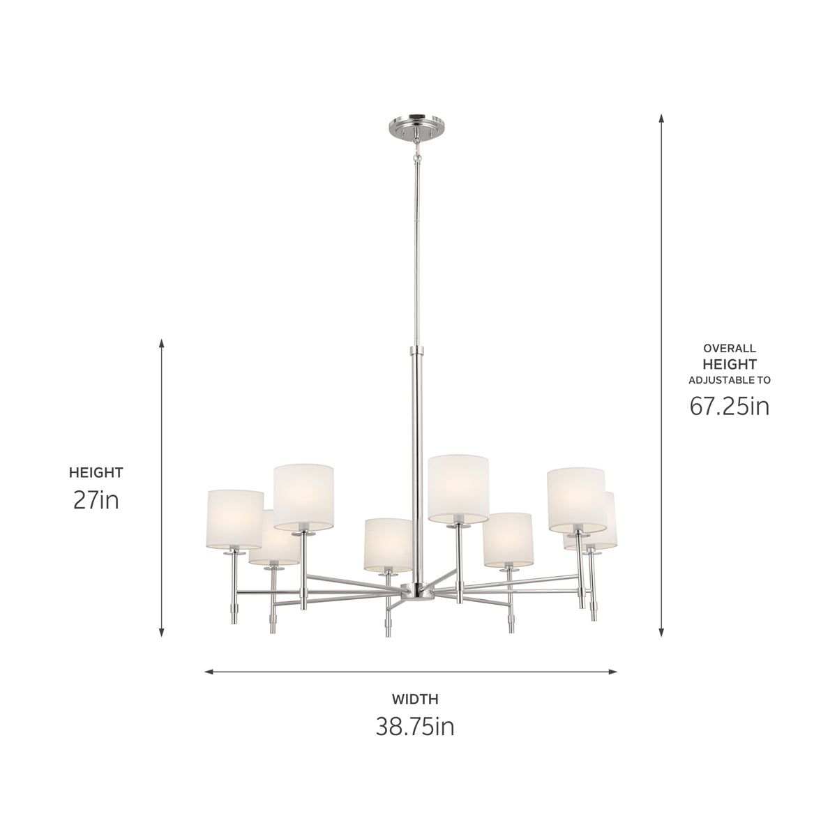 Ali 38.5" 8 Light Chandelier Polished Nickel on a white background with dimensions also found in the tech specs