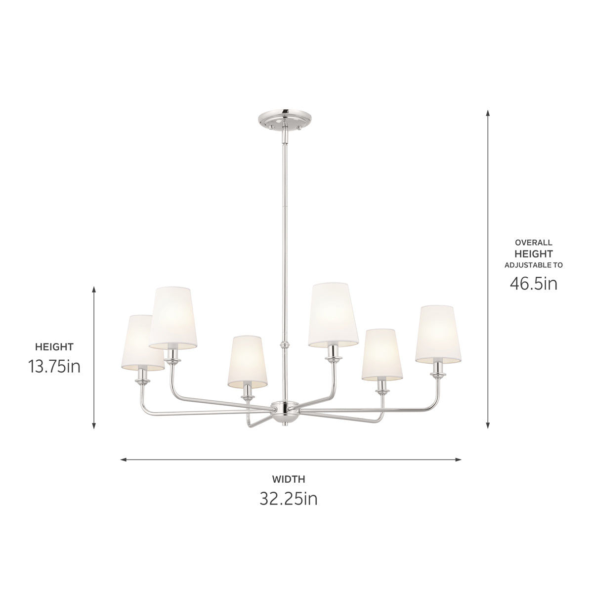 Pallas 32.25" 6 Light Chandelier Polished Nickel on a white background with dimensions also found in the tech specs
