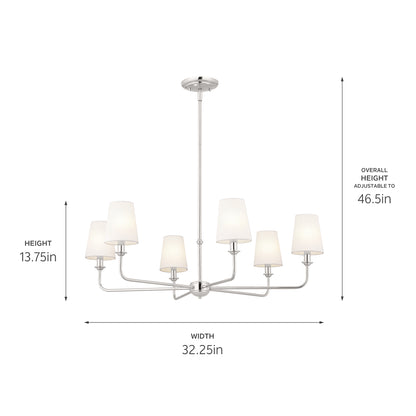 Pallas 32.25" 6 Light Chandelier Polished Nickel on a white background with dimensions also found in the tech specs