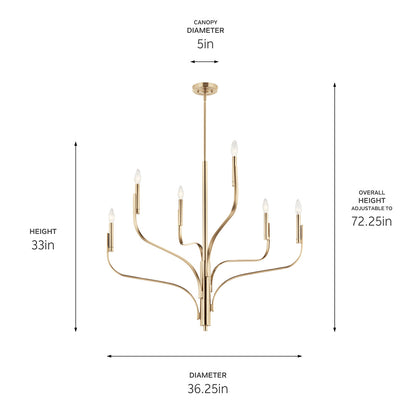 The Livadia 36.25 Inch 6 Light Chandelier in Champagne Bronze with dimensions on a white background