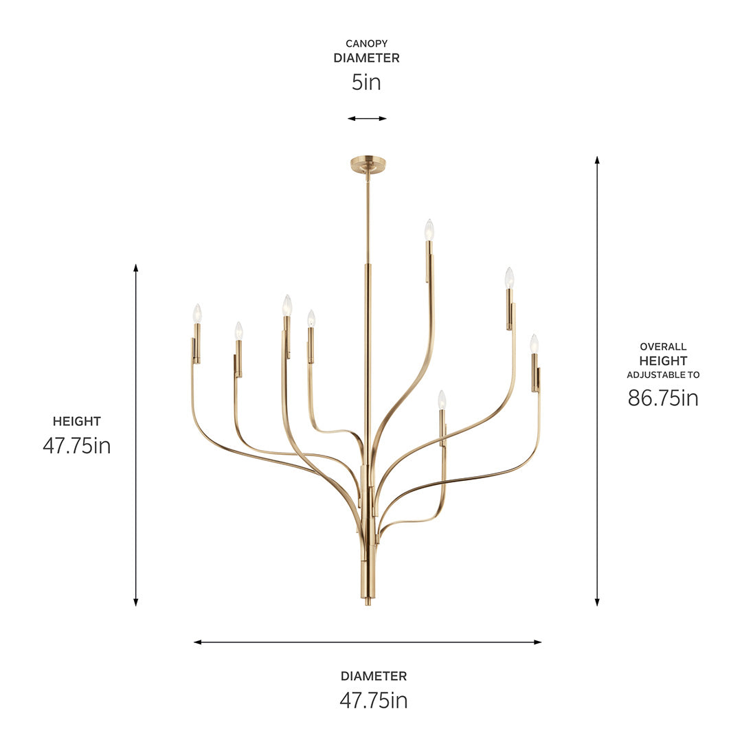 The Livadia 47.75 Inch 8 Light Chandelier in Champagne Bronze with dimensions on a white background