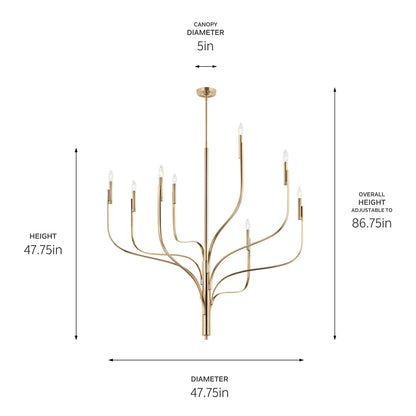 The Livadia 47.75 Inch 8 Light Chandelier in Champagne Bronze with dimensions on a white background