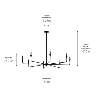 The Alvaro 50 Inch 8 Light Chandelier in Blackwith dimensions on a white background