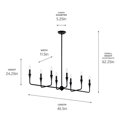 The Alvaro 45.5 Inch 8 Light Linear Chandelier in Blackwith dimensions on a white background