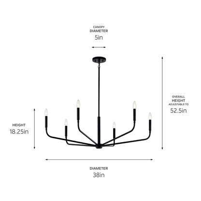 The Madden 38 Inch 6 Light Chandelier in Black with dimensions on a white background