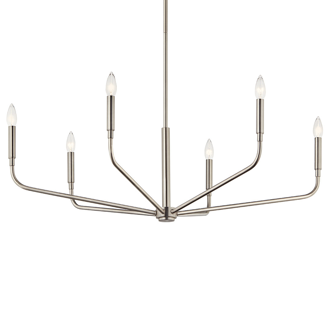 The Madden 38 Inch 6 Light Chandelier in Brushed Nickel on a white background