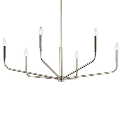 The Madden 38 Inch 6 Light Chandelier in Brushed Nickel on a white background