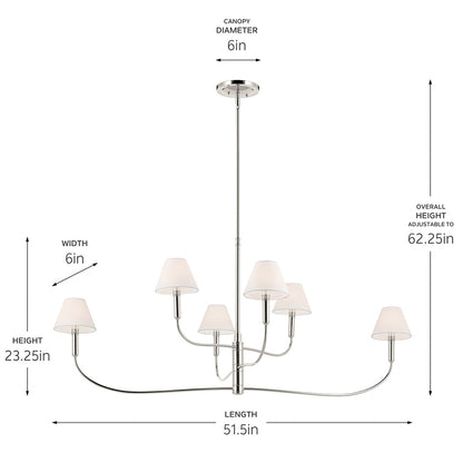 The Eadie 51.5 Inch 6 Light Chandelier in Polished Nickel with dimensions on a white backround