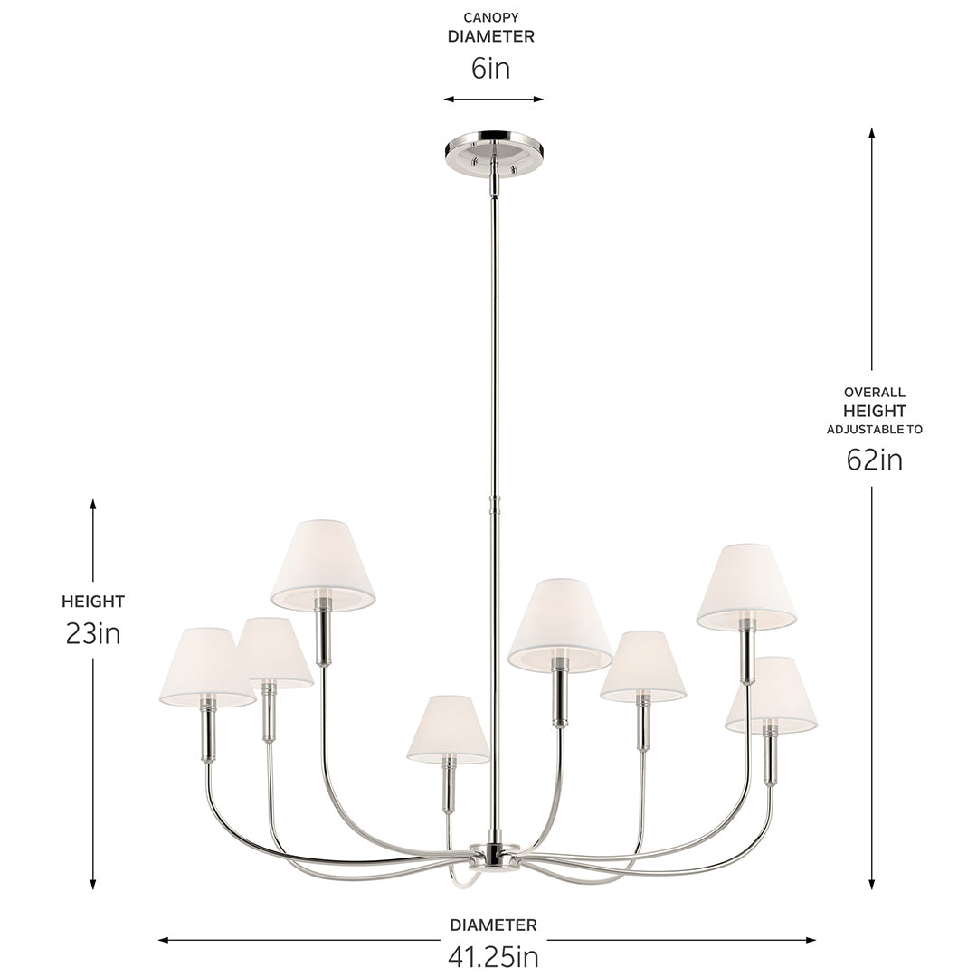 The Eadie 41.25 Inch 8 Light Chandelier in Polished Nickel with dimensions on a white backround
