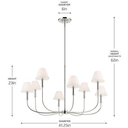 The Eadie 41.25 Inch 8 Light Chandelier in Polished Nickel with dimensions on a white backround