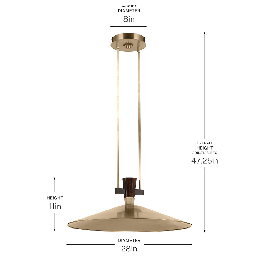 The Tenon 28"  LED Pendant in Champagne Bronze with dimensions on a white background