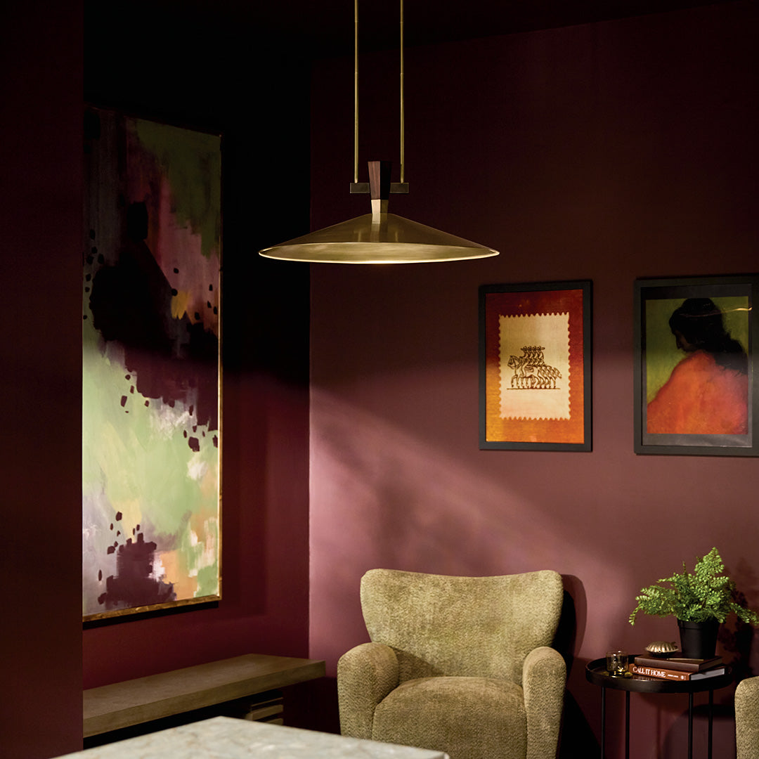 Bar in the day time featuring the Tenon 28"  LED Pendant in Lacquered Brass