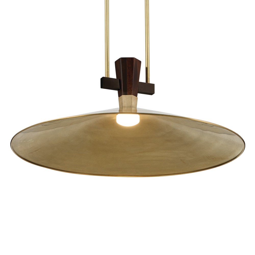 Bottom view of the Tenon 28"  LED Pendant in Lacquered Brass on a white background