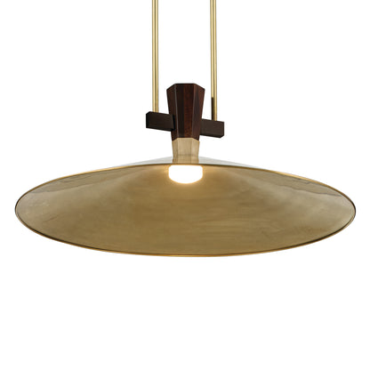 Bottom view of the Tenon 28"  LED Pendant in Lacquered Brass on a white background