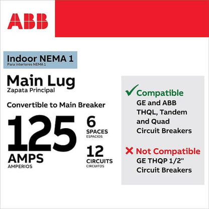 ABB-TLMQ612SCUDGE TLMQ612SCUD 6 Circuit 125A Main Lug Indoor Surface Load Center with Door