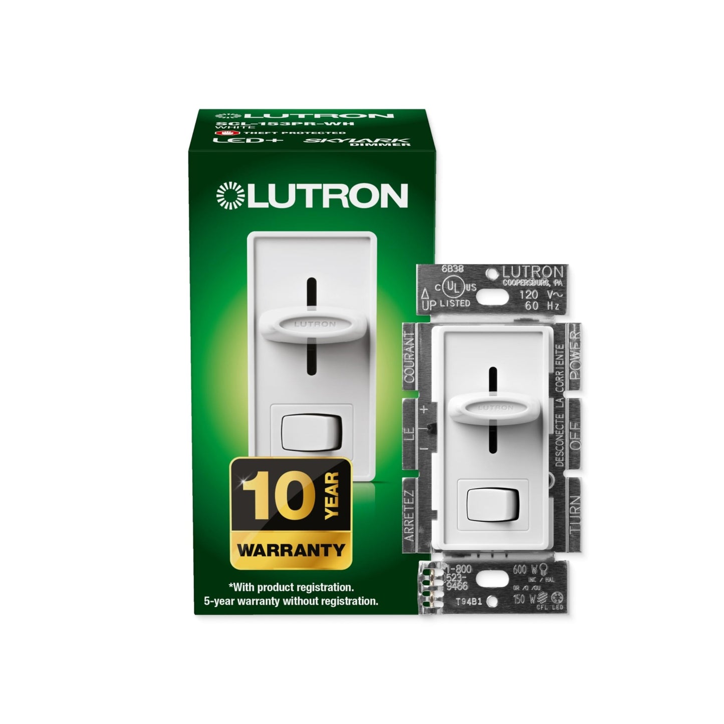 LUTRON-CTCL-150-WHLutron CTCL - 150 - WH Skylark Contour Slide - to - Off LED+ Dimmer Switch 150W LED or 600W Inc/Hal Single Pole