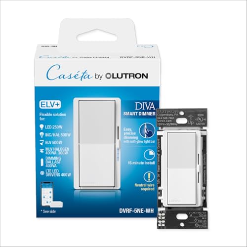 LUTRON-DVRF-5NE-WHLutron DVRF - 5NE Diva Smart ELV+ Dimmer Switch for Caseta Systems Phase Selectable