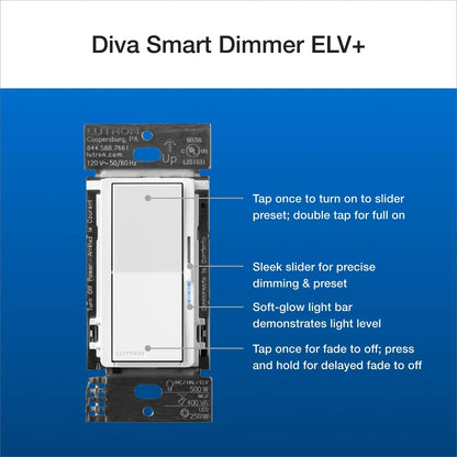 LUTRON-DVRF-5NE-BLLutron DVRF - 5NE Diva Smart ELV+ Dimmer Switch for Caseta Systems Phase Selectable