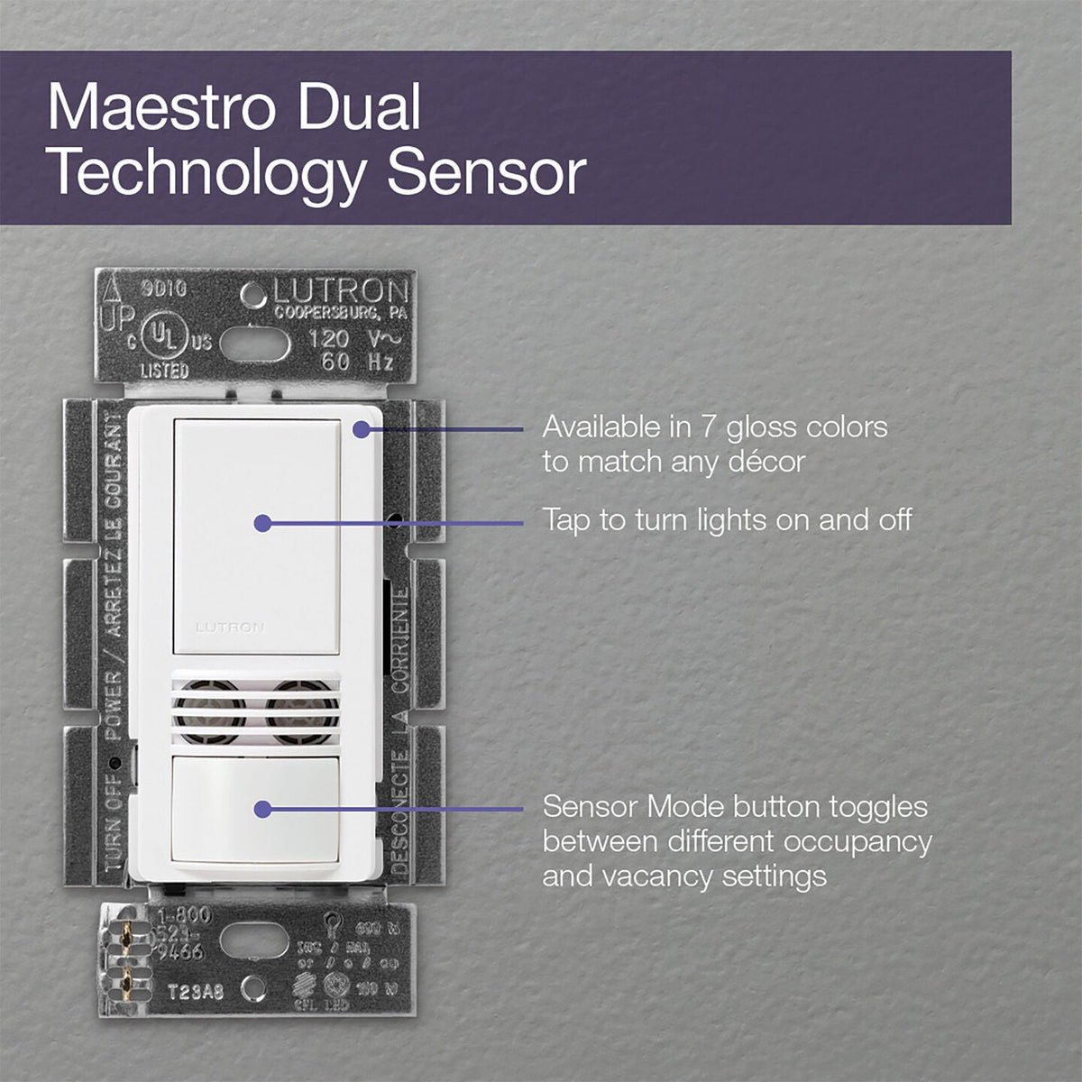 LUTRON-MS-A102-WHLutron MS-A102 Maestro Dual-Tech Motion Sensor Switch 6A 120-277V Single Pole