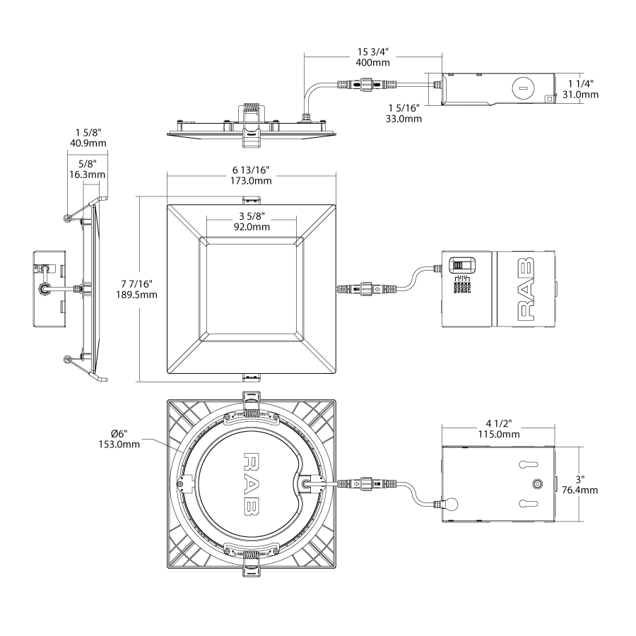 RAB-WFRL6S139FA120WBRAB WFRL6S 13W LED 6" Square Recessed Downlight Wafer Selectable CCT