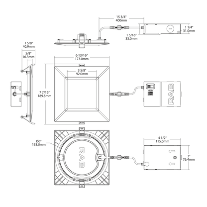 RAB-WFRL6S139FA120WBRAB WFRL6S 13W LED 6" Square Recessed Downlight Wafer Selectable CCT