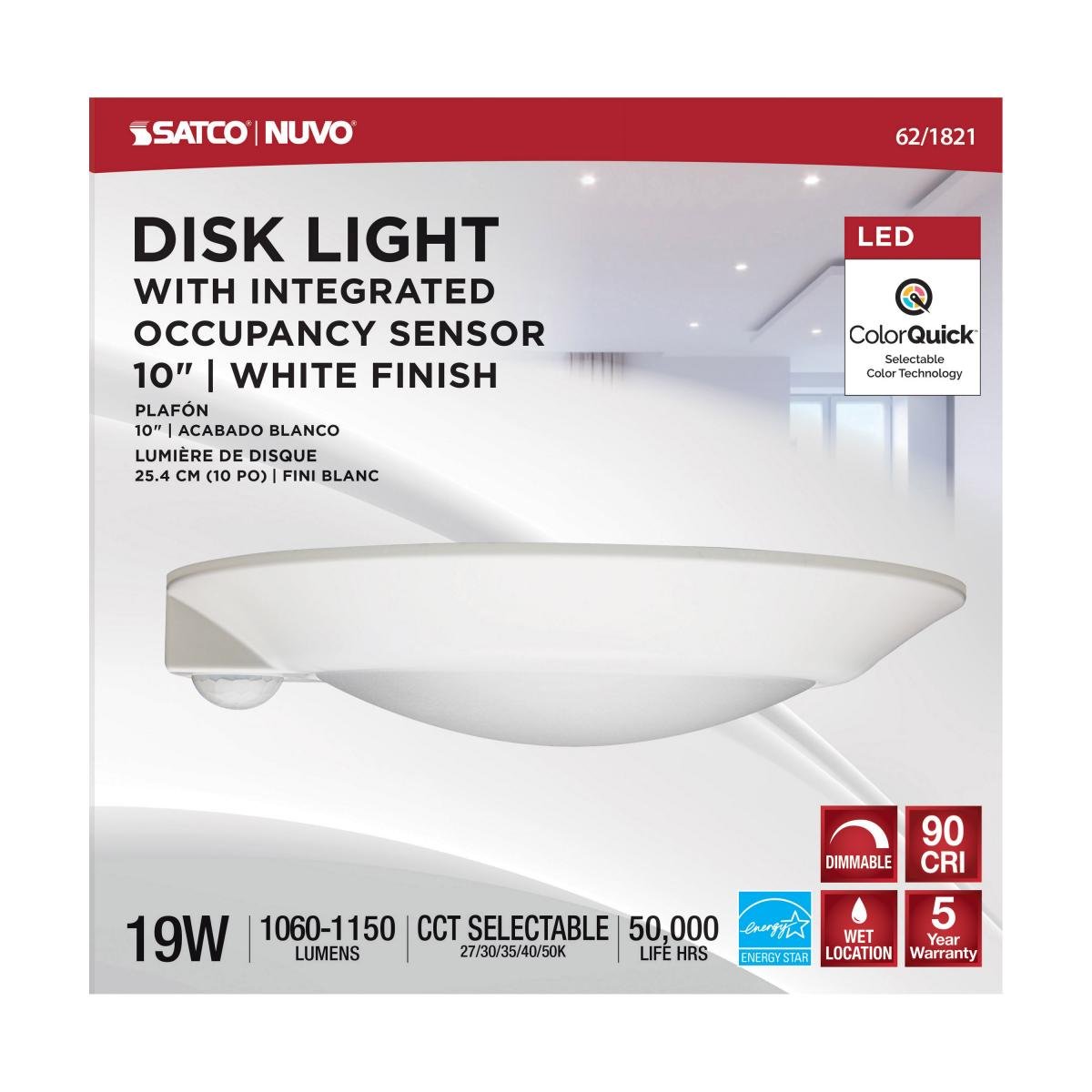 SATCO - 62 - 1821SATCO 62 - 1821 19W 10" LED Motion Sensing Disk Light Selectable CCT