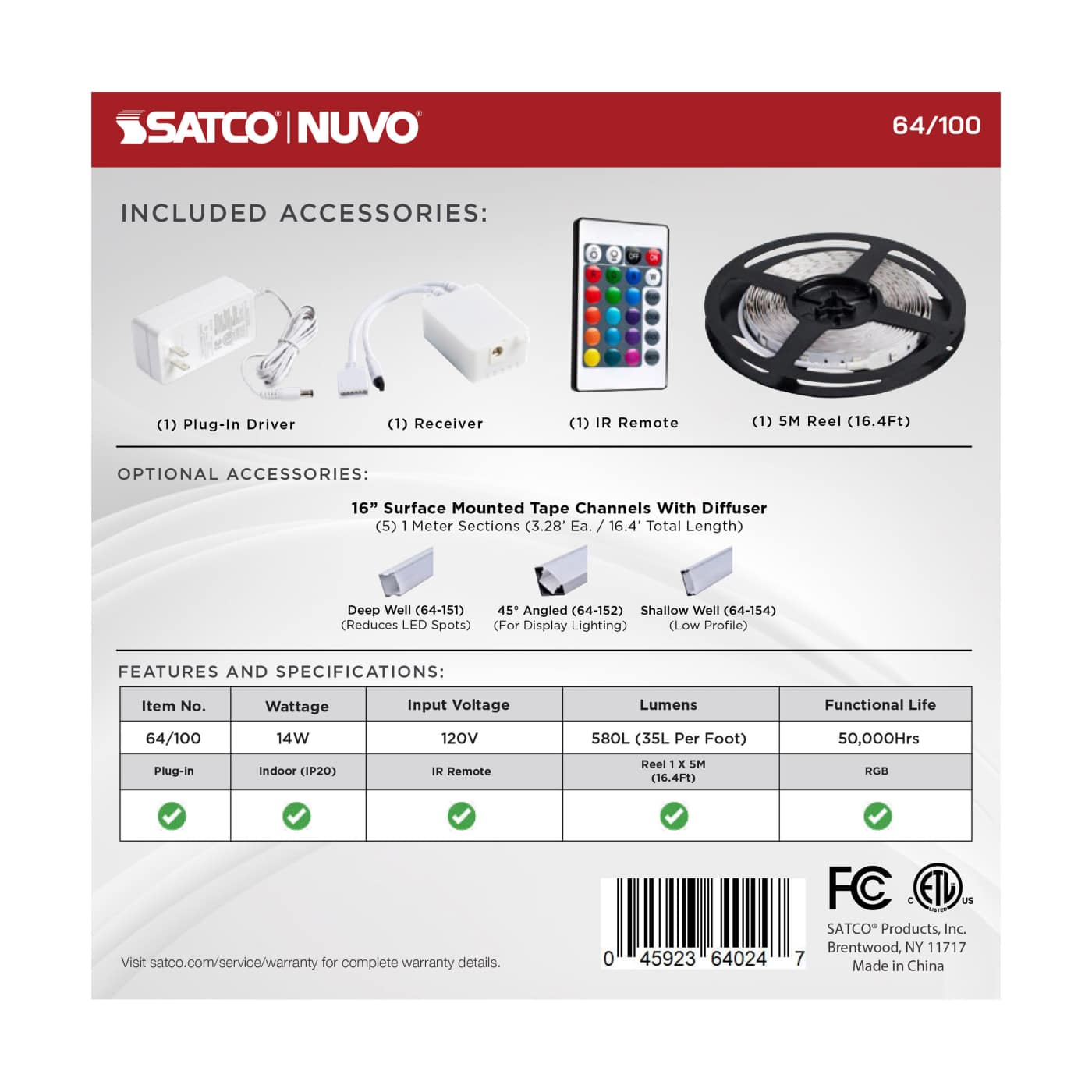 SATCO-64-100Satco 64 - 100 Dimension 16FT 1W/FT RGB Tape Light Kit