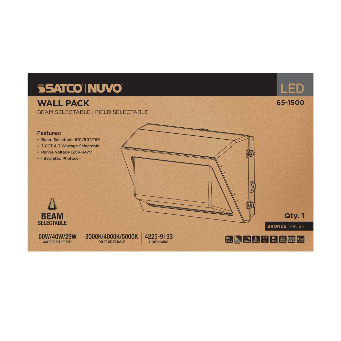 SATCO-65-1500SATCO 65 - 1500 60W LED Wallpack Selectable CCT + Wattage + Beam Angle