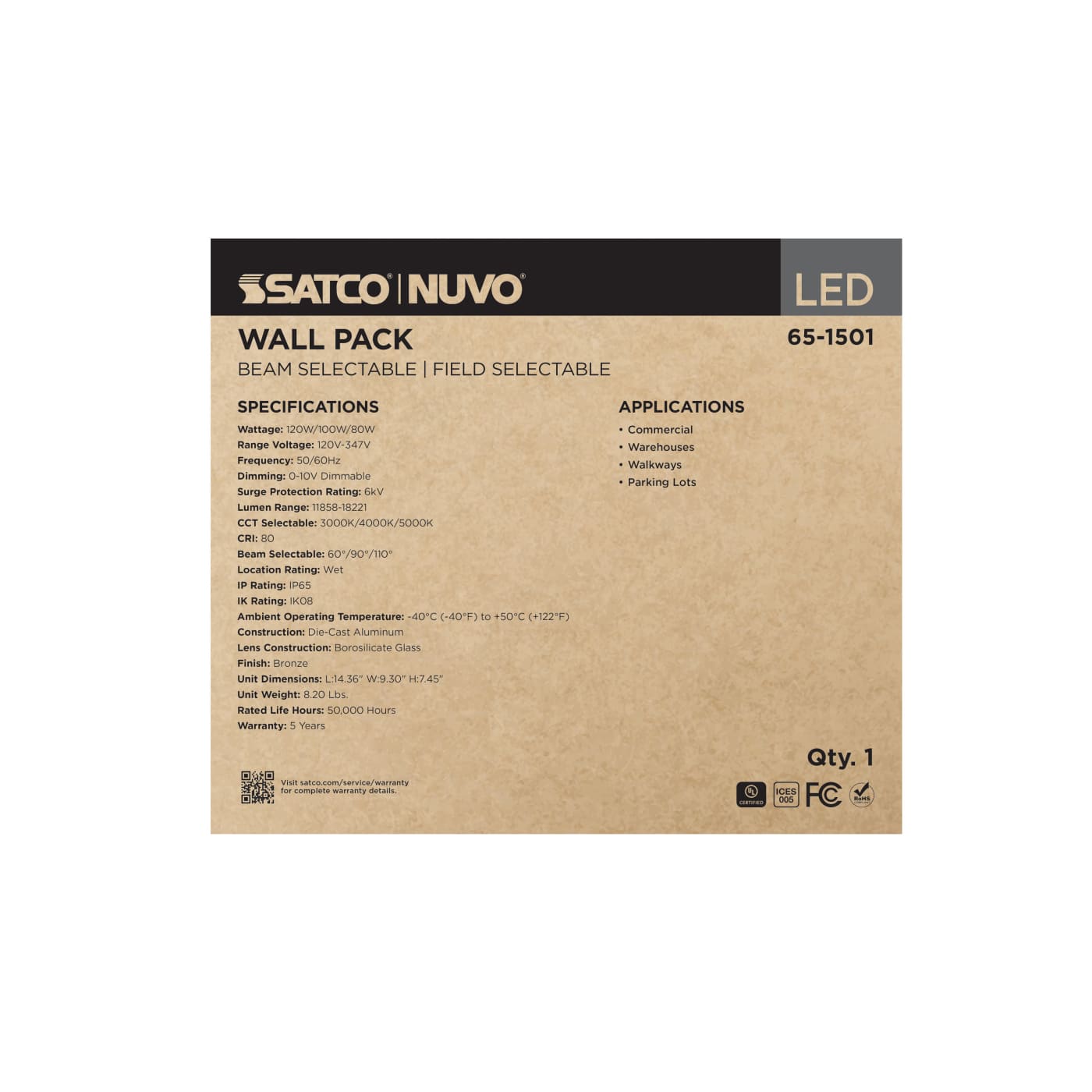 SATCO-65-1501SATCO 65 - 1501 120W LED Wallpack Selectable CCT + Wattage + Beam Angle