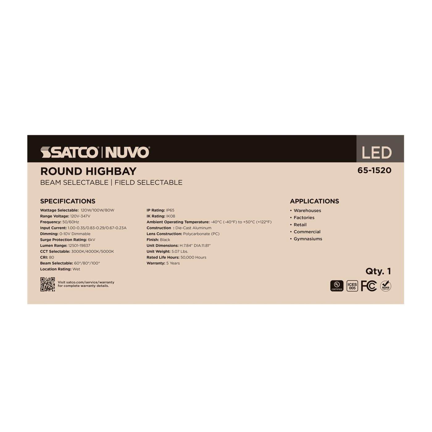 SATCO-65-1520Satco 65 - 1520 120W UFO High Bay Selectable Wattage + CCT + Beam Angle