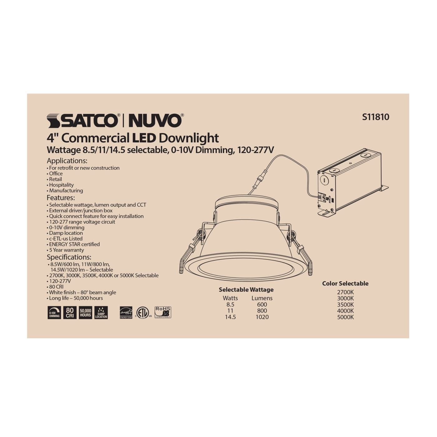 SATCO-S11814SATCO S11810 S11814 14.5W LED 4" Round Downlight Selectable CCT Selectable Lumen