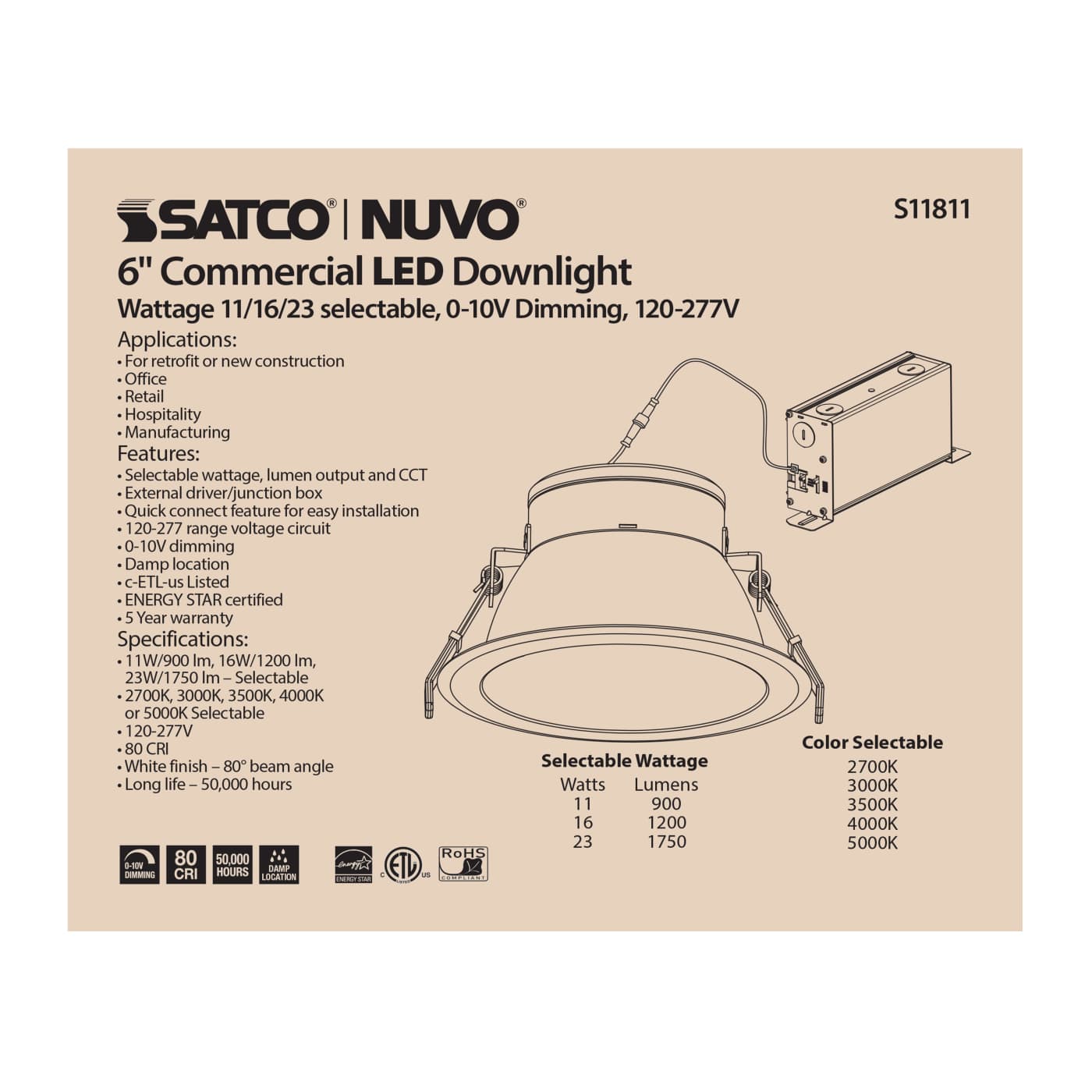 SATCO-S11811SATCO S11811 S11815 23W LED 6" Round Downlight Selectable CCT Selectable Lumen