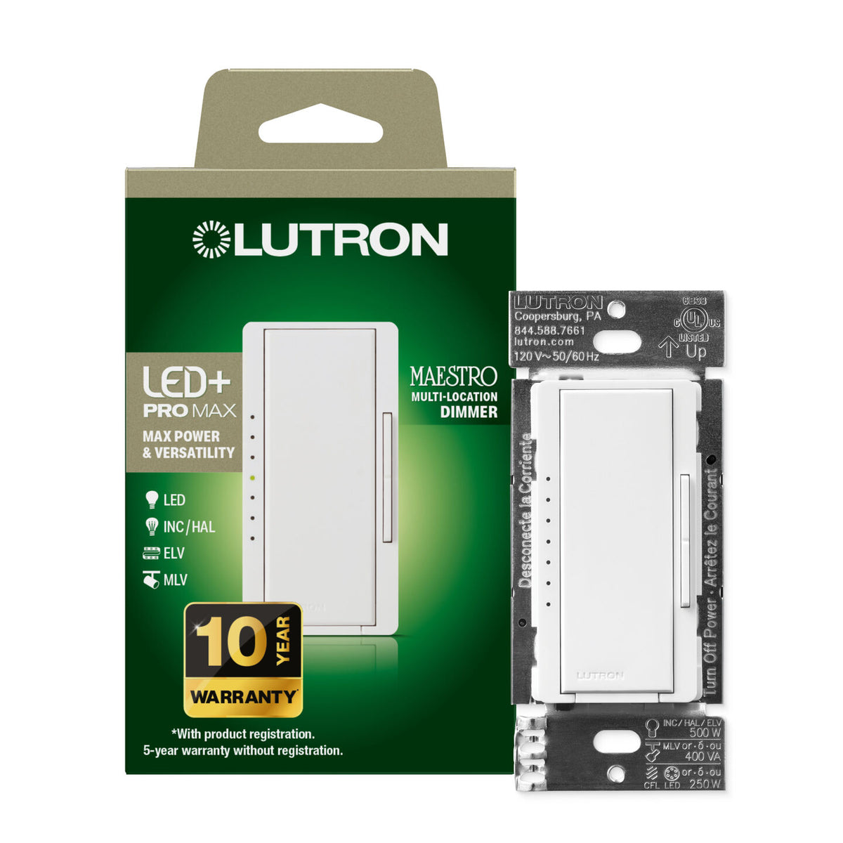 Lutron MA-PRO-WH Maestro PRO LED+ Dimmer Switch, White