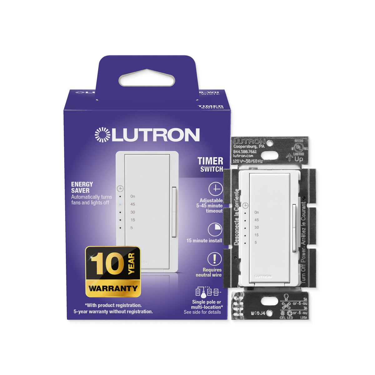 Lutron MA-T51MNB-WH Maestro Countdown Timer Switch, White