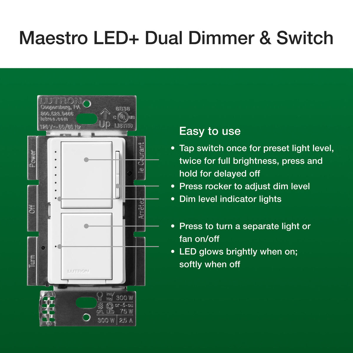 Lutron MACL-L3S25-WH Maestro LED+ Dual Dimmer and Switch, White