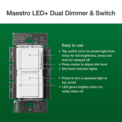 Lutron MACL-L3S25-WH Maestro LED+ Dual Dimmer and Switch, White