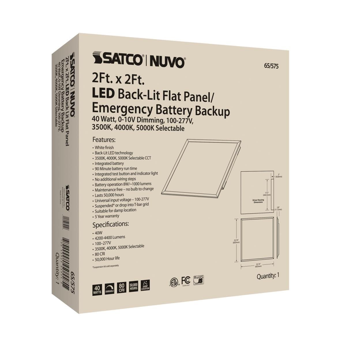 SATCO-65-575SATCO 65-575 40W LED 2FT X 2FT Emergency Backup Backlit Flat Panel Selectable CCT