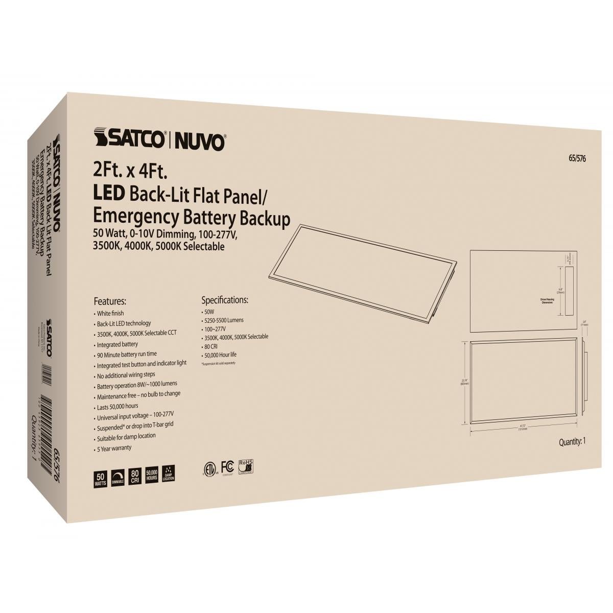 SATCO-65-576SATCO 65-576 50W LED 2FT X 4FT Emergency Backup Backlit Flat Panel Selectable CCT